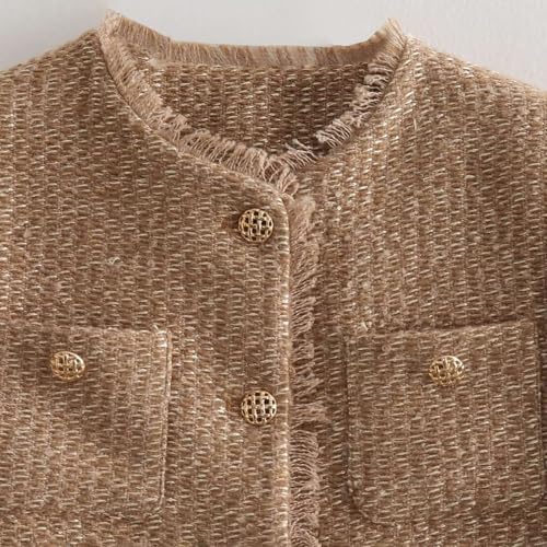 Womens Cropped Tweed Blazer Jackets Collarless Button Down Business Casual Outfits with Pockets3