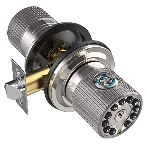 Iuknob Fingerprint Door Knob With Keypad And Key,Smart Biometric Digital Lock With Voice Navigation Programming,Combination Electronic Handle For Interior Doors, Entry,Bedrooms,Garage(Satin Nickel) #TOP9