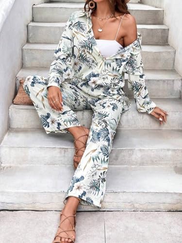 Image of Gufrina Women's Polyester Co-Ord Set with Button-Up Top & Wide Leg Pant 3 /4th Sleeves Collar Neck Printed Pattern Regular Fit and Standard Length