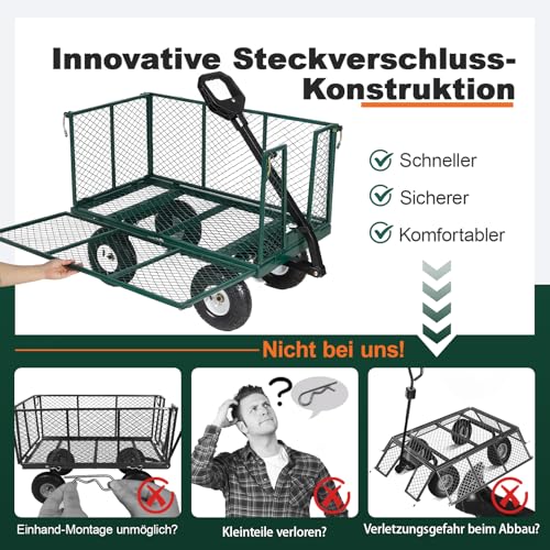 Sekey Bollerwagen Gartenwagen 550KG Belastbar, Transportwagen Transportkarre Gerätewagen mit Patentiertem Handgriff, Vollgummi-Luftreifen, Serie Titan, 200L, Grün