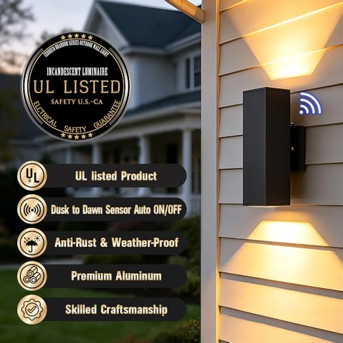 Image of Cerdeco 13 inch Black Square Modern Dusk to Dawn Outdoor Wall Light,2 Pack | E26 Base,UL listed,Aluminum Up and Down Lights Outdoor Exterior Wall Light Fixture Porch Light for House Garage Patio Garden