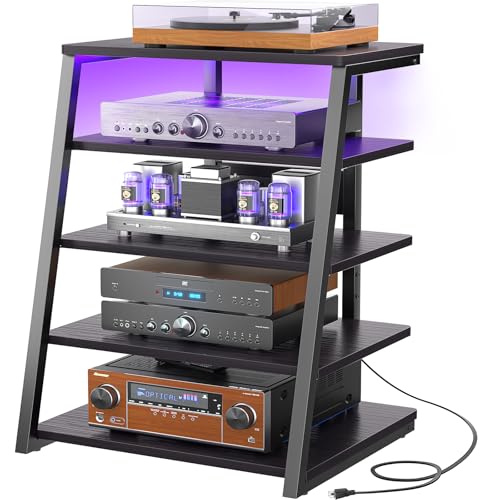 Armocity 5-Tier AV Media Stand with Power Strips, Media Console with LED Lights, Audio Tower Rack with Adjustable Shelves, Stereo Stands and Racks, 40.8'', Black Ebony