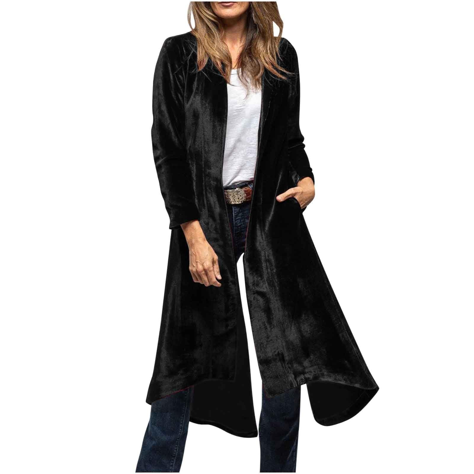 Womens Long Velvet Cardigan Jacket Casual Open Front Velour Lapel Cardigan Vintage Loose Duster Coat with Pockets