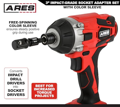 Image of ARES 22011 3-Pc 3-In Impact Socket Adapter Set - 1 /4, 3 /8, 1 /2-In Drive | Color Sleeve; Turns Power Drill into High-Speed Nut Driver