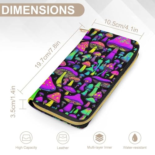 Women's Travel Zipper Purse Fashion Design, Huge Storage Capacity Purse, Cute Decor Wallet, Long PU Wallet Neon Mushrooms Pattern Purple2