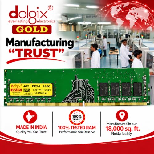 Image of Dolgix Gold 4GB DDR4 RAM 2400MHz Desktop Memory CL-17 U-DIMM Long-DIMM PC4-19200 1Rx8 Single Rank 5-Year Warranty (Made in India)