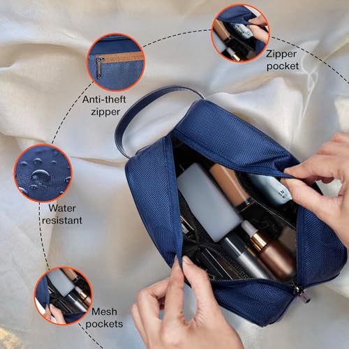 Image of Nasher Miles Stash Toiletry Kit | Cosmetic Bag | PU & Polyester | Travel Pouch Organizer | Multipurpose Storage Compartments & Carry Handle | Travel Accessory for Men & Women (Navy Blue)