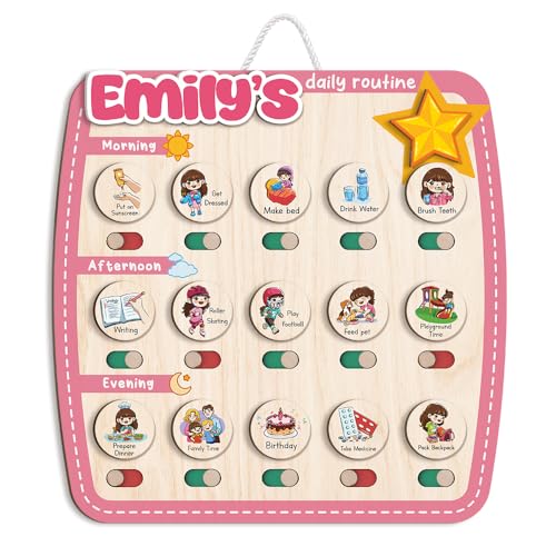 Image of Personalized Wooden Chore Chart for Kids, Daily Routine Chart for Toddlers, Visual Schedule for Kids Age 3-5, Morning Bedtime Routine for Girls (09)