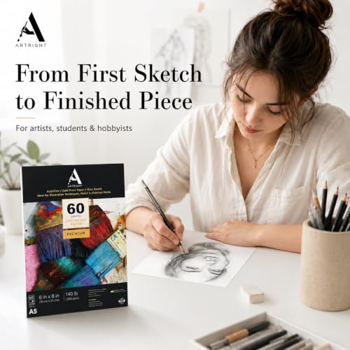 Image of ArtRight Artists' Sketching Paper (A5 Pack of 60 Sheets, 300 GSM); Handmade Cartridge Mixed Media Sheets of 300GSM for Pencil, Charcoal and Ink Media