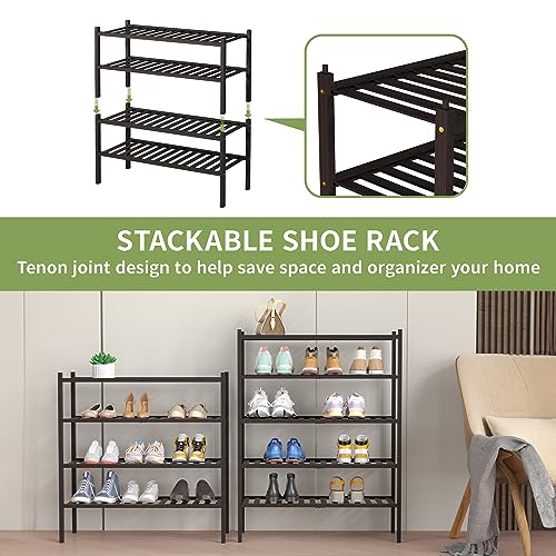 4 Tier Bamboo Shoe Rack for Closet Free Standing Wood Shoe Shelf for Entryway Small Space Stackable 27"x11"x26" (Brown)