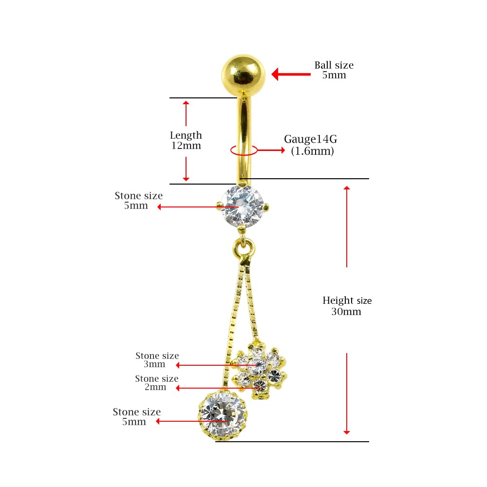 Piercing para ombligo de oro amarillo macizo de 14 quilates con circonita cúbica y colgante redondo en caja, joyería para ombligo de 14 quilates, calibre 14, 14 Gauge - 12mm Length,