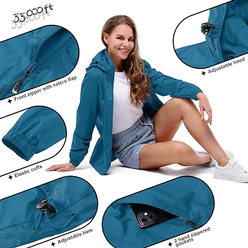 33,000ft Damen Wasserdichte Faltbar Regenjacke mit Kapuze, Leicht Atmungsaktive Windbreaker Jacke, Fahrradjacke für Frauen Fahrrad Sport Outdoorjacke, Petrol 3XL