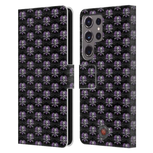 Funda de cuero Samsung S24 Ultra con acabado artístico de corazones oscuros y calaveras