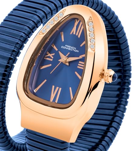 Image of French Connection Eternelle Curve | Blue Dial with Rose Gold Case | Flexible Wrap Bracelet Strap | Crystal Accent Design | Roman Numerals Analog Watch for Women - FCN0142UM