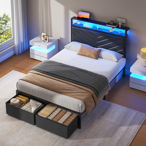 Image of Fluest Twin Bed Frame with Storage Drawers, Upholstered Headboard with Charging Station, LED Lights, Fabric Drawers with Wheels, Under Bed Storage, No Box Spring Needed, Easy Assembly, Black