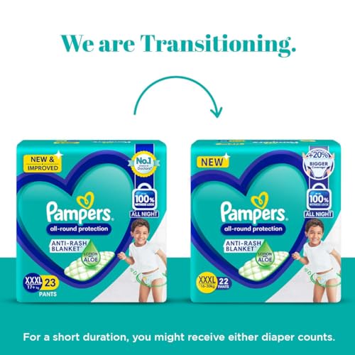 Image of Pampers Complete Skin Comfort Pants Style Baby Diapers, XXX-Large (XXXL) Size, 22 Count, Anti Rash Blanket, Lotion with Aloe Vera, 16-30 kg (Pack of 3)
