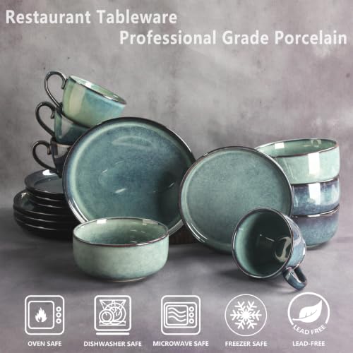 Image of Ceramic Dinnerware (16 pcs) Serve 4 people, Plates and Bowls Sets,Handmade Reactive Glaze Dishes Set,Chip Resistant and Scratch Resistant,Dishwasher, Microwave Safe