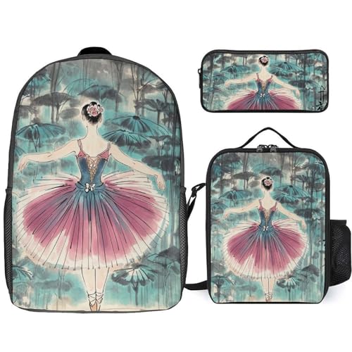3 Piece Backpack for Women Men Lightweight Causal Daypack Shoulder Bag Set with Insulated Lunch Bag And Pencil Case Organizers Classical Ballet Elegant Ballerina