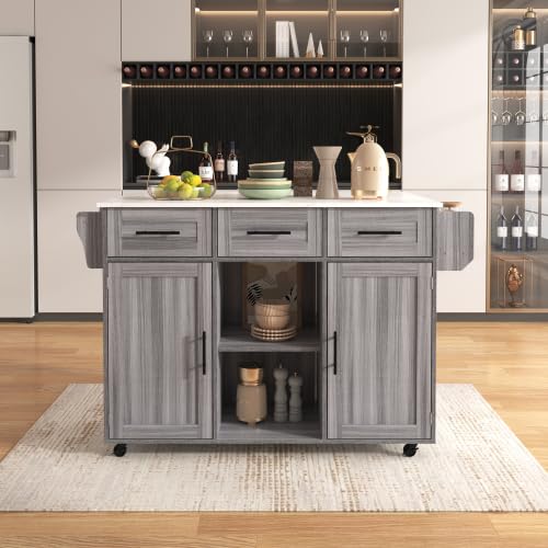 Merax Kitchen Island on Wheels with Foldable Wood Grain Countertop, 3 Drawers, Interchangeable Wheels & Solid Wood Feet – Large Dining Cart, Kitchen Trolley, Cupboard Cabinet Cart, Bar Table