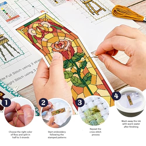 Image of FREEBLOSS 6 Set Cross Stitch Bookmark Kit Stamped Cross Stitch Kit Colored Glass Flowers Pattern Embroidery Set with Instruction for Adults 8''*2.4''