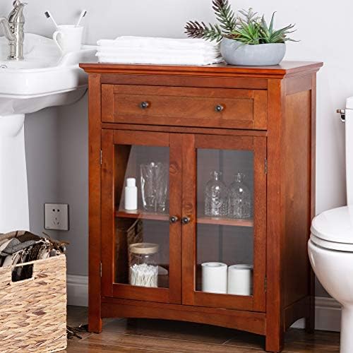 glitzhome 32 Inch Wooden Free Standing Floor Storage Cabinet Accent Cabinet Display with Glass Double Doors and Drawer for Bathroom, Living Room, Bedroom, Kitchen