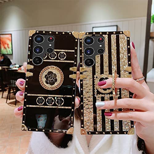 Image of for Samsung Galaxy A34 5G Trunk Case Luxury Box for Women Girls Design Gold Glitter Bling Cute Flower Pattern Soft Cover with Finger Ring Grip Kickstand Fancy Phone Skin,Black