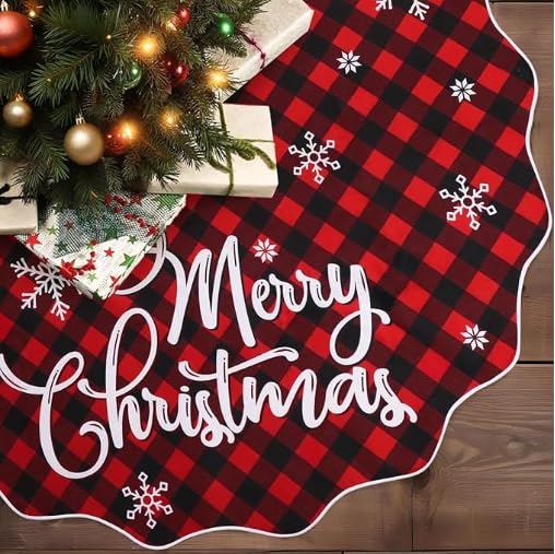 OurWarm Plaid Christmas Tree Skirt 60 Inches, Reversible Red-Black &amp; Burlap