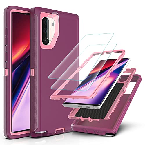 YmhxcY Note 10 Case with Self Healing Flexible TPU Film[2 Pack] and Camera Lens Screen Protective Film[2 Pack], Heavy Protection Cover for Samsung Galaxy Note 10-Wine Red and Rose Pink