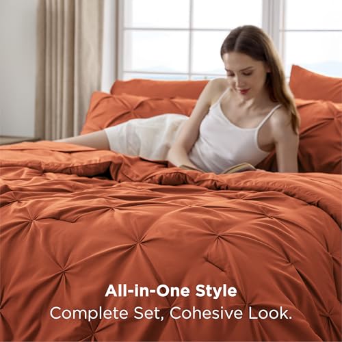 Image of Bedsure Full Comforter Set Burnt Orange - Bed in a Bag Full Size Bedding Set 7 PCS, GentleSoft Pintuck Bed Set Gift for Family, All Season Down Alternative Comforter with Sheets, Pillowcases & Shams