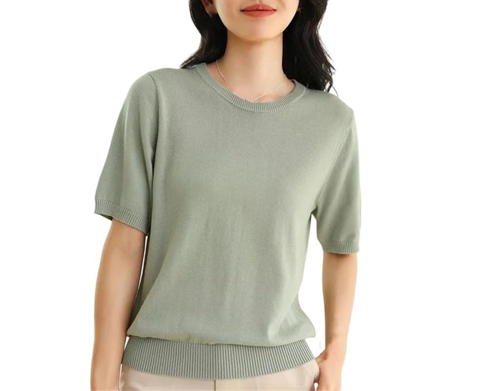 Camiseta de verano para mujer, cuello redondo, media manga, tela de algodón, color sólido, transpirable, esencial para uso diario