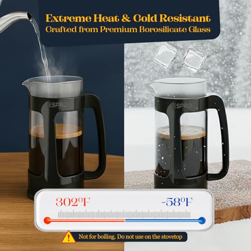 Image of ESPRO Light P3 French Press Coffee Maker - Patented Double Micro-Filter for Grit-Free Brew, Heat Resistant thicker Borosilicate Glass Coffee press - (Black 18 oz)