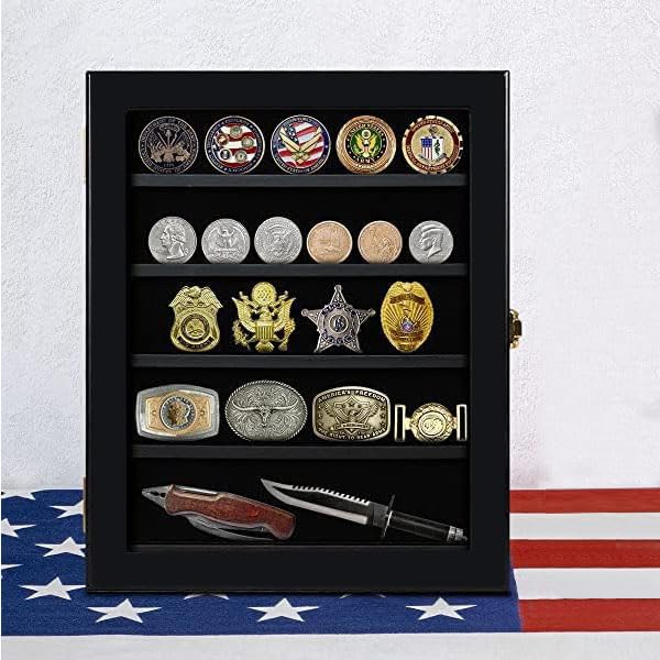 PH PandaHall Espositore per Monete Sfida, 4 file di Porta Monete Militari Esercito In Legno Scaffale Depositor per Moneta per Collezionisti, Regalo, Supporto di Moneta Sfida, Marrone, 28x25x8cm