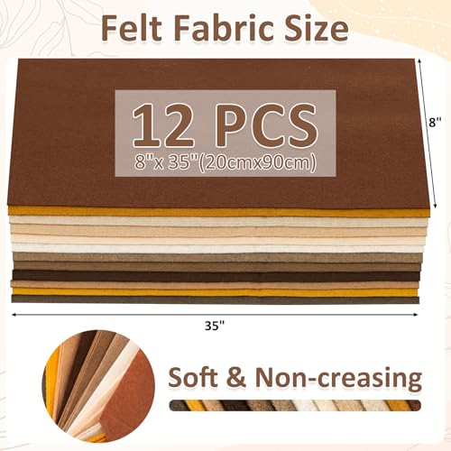 Image of XSEINO 12 Rolls 8 inchx35 inch(20.5x90cm) 1.4mm Thick Soft Felt Fabric Sheet 12 Assorted Brown Series Colors Felt Pack for DIY Craft Sewing Squares Nonwoven Patchwork