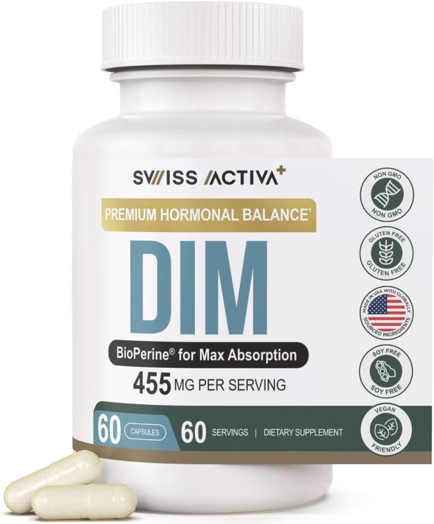 Swiss Activa+ Labs DIM Supplement – Hormone Balance for Women & Men – Estrogen Supplement for Women and Men– Supports Hormonal Acne & Menopause Symptoms| Gluten Free, Non-GMO & Vegan – 60 Days Supply