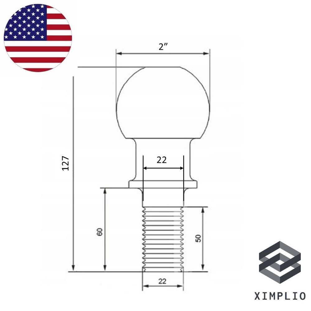 XIMPLIO 2 Zoll Kugelbolzen für US-Anhänger - Kugelkopf Kupplungskugel fi 50,8 mm