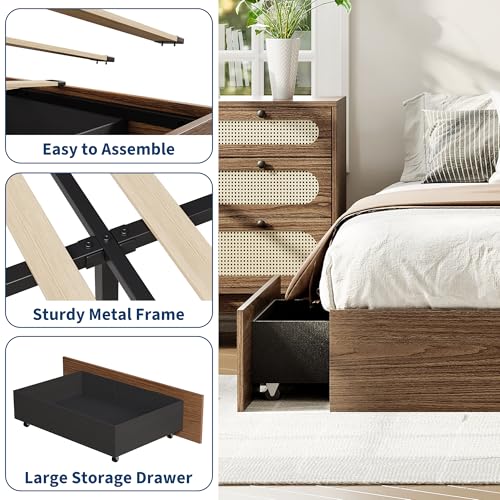Image of GarveeHome King Size Wood Platform Bed Frame with 2 Storage Drawers, Wooden Bed Frame Without Headboard, Wood Slat Support, No Box Spring Needed, Easy Assembly