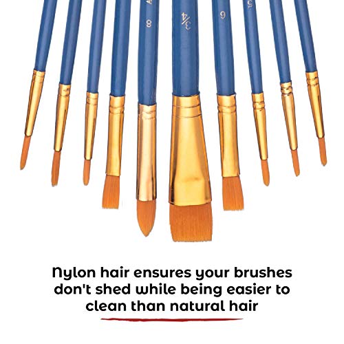 Academy Art Supply - 10 Piece Nylon Brush Set for Acrylic, Oil and Watercolor Paint