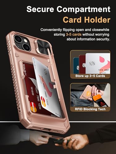 Image of Vihibii for iPhone 15 Plus, iPhone 14 Plus Wallet Back Cover with Card Holder (4 Cards) [RFID Blocking] & Slide Camera Cover & Raised Edges Screen Protection, Shockproof Rugged Case, 6.7 inch, Rose Gold