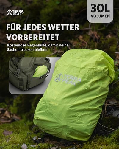 Foto von Terra Peak® Premium Wanderrucksack 30L (FLEX 30) Damen Herren Erwachsene mittel olive-grün - Trekking-Rucksack wasserdicht - Daypack Touren & Reise-Rucksack Rückenbelüftung Ski, Wandern & Radfahren