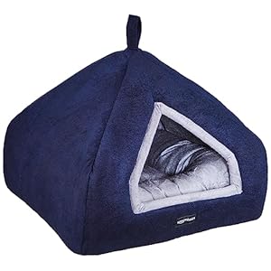 Amazon Basics Premium Soft Velvet Pet Hut House | For Cats, Kittens and Small Dogs | With Reversible Cushion | Washable Cozy and Comfortable | Small | 40 x 40 x 40 cm | Navy Blue and Grey