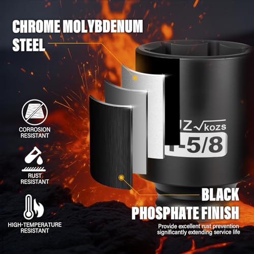 Image of 1 /2 Inch Drive 1-5 /8 Inch Deep SAE Impact Socket,CR-MO,6 Point Radius Corner Design,Square Chamfered Opening,Axle Nut Impact Grade Socket for Easy Removal