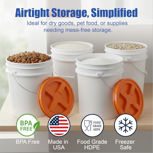 Image of ePackageSupply 5 Gallon Bucket - Food Grade w /Lid BPA-Free, White /Orange, 6 | Airtight Gamma Seal Screw-On Lid, Heavy-Duty 90 Mil HDPE Plastic, Food Safe and Durable Container, Bulk Storage, Made in USA