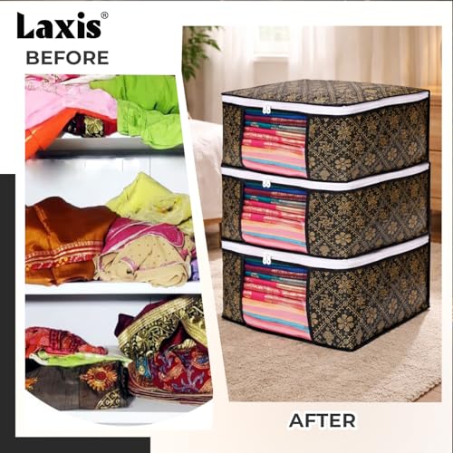 Image of LAXIS Foldable Royal Print Saree Cover Set, Saree Bags, Saree Covers For Storage, Wardrobe Organiser | (Golden-Black, Pack of 3)