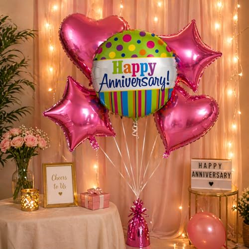 Image of Wanna Party Happy Anniversary Foil Balloon Set of 5 for Decoration | 1 Round Anniversary Balloon (18 Inch) + 2 Pink Heart Balloons + 2 Pink Star Balloons | Helium Supported Party Decor