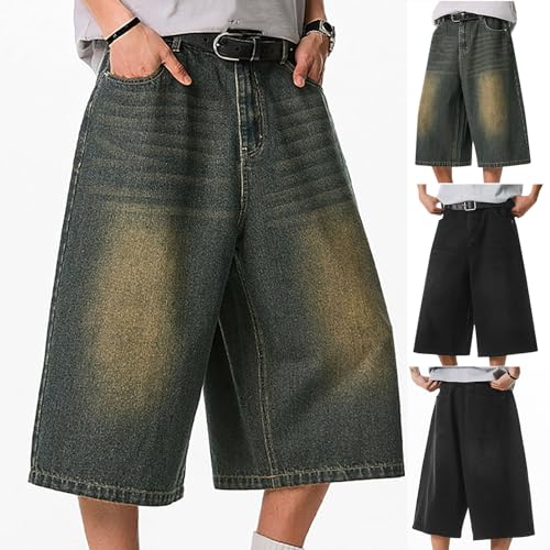 Cambkatl Wide Leg Capris for Men Denim Pants - Vintage Washed Casual Summer Loose 3/4 Lenght Baggy Jeans with Pockets2