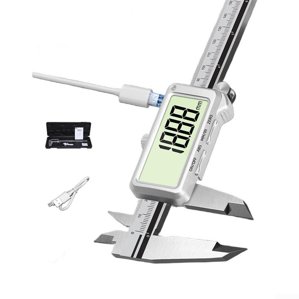 Calibrador digital con carga USB-C de 0.01 mm regla de acero inoxidable de precisión y LCD grande para tareas industriales de taller (300 mmC)