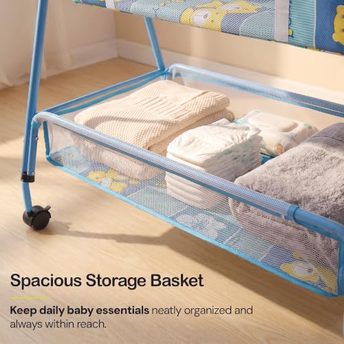 Image of BAYBEE Clora Baby Cradle and Swing with Mosquito Net | Jhula Palna for Newborns | 360 Rotating Lockable Wheels & Storage Basket | Blue