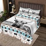 Loussiesd Highland Kuh Tagesdecke 240x260cm Western Bettüberwurf für Kinder Jungen Mädchen Boho Western Steppdecke Vintage Exotische Geometrie Wohndecke Schlafzimmer Dekoration
