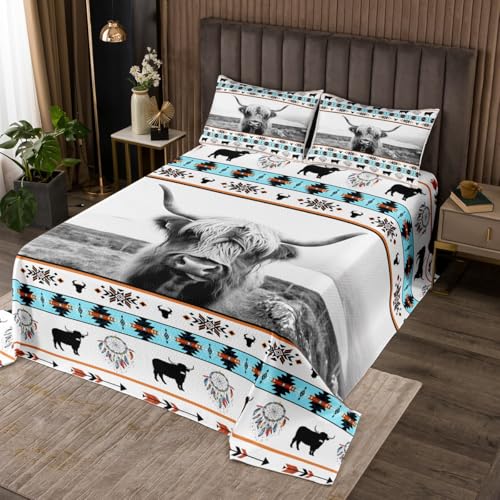 Loussiesd Highland Kuh Tagesdecke 240x260cm Western Bettüberwurf für Kinder Jungen Mädchen Boho Western Steppdecke Vintage Exotische Geometrie Wohndecke Schlafzimmer Dekoration