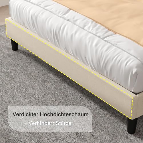 VECELO Polsterbett 140x200 cm mit USB & Type-C Anschlüssen, Doppelbett mit Kopfteil und 2 Seitentaschen, Bett Bettrahmen Bettgestell mit Lattenrost, Jugendbett, Leinen, Ohne Matratze, Beige
